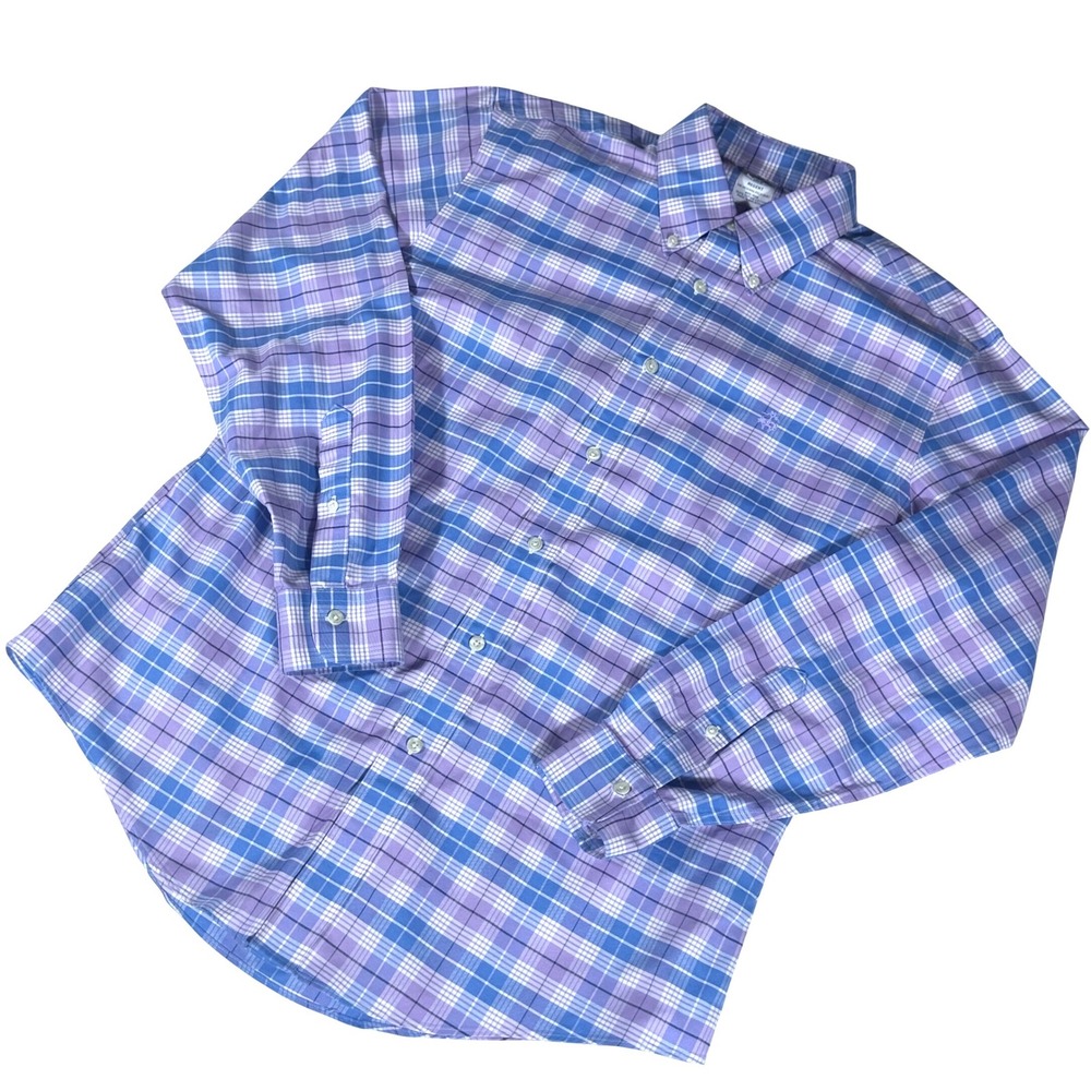 Brooks Brothers Button Down Shirt Mens Large Purple Blue Plaid Regent Non-Iron